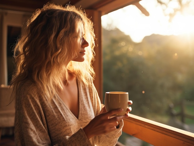 Een meisje zit op de veranda met een kop koffie.