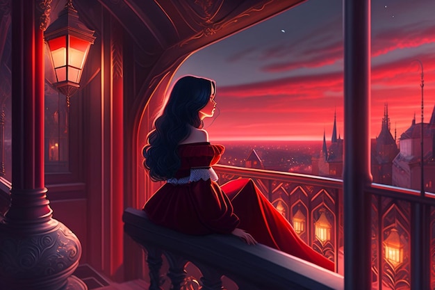 Een meisje zit op een balkon en kijkt uit over een stad.