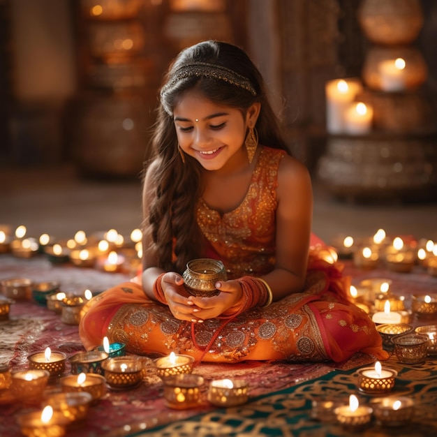 Een meisje zit op een kleed met kaarsen en een theekopje in haar handen.