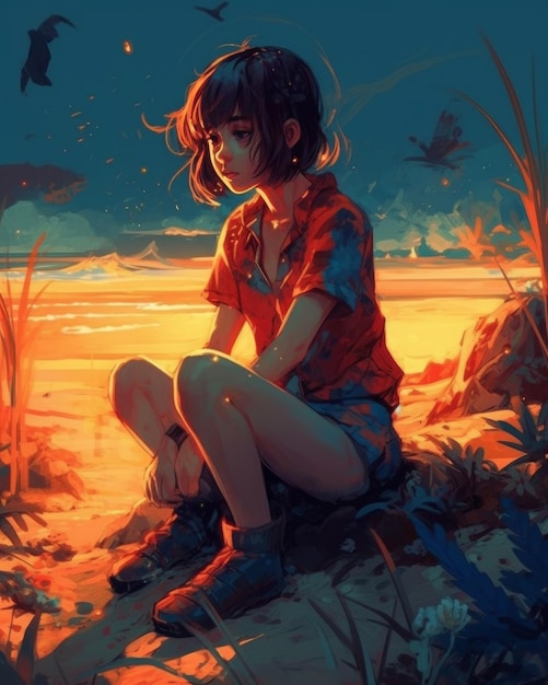 Een meisje zit op een rots voor een zonsondergang