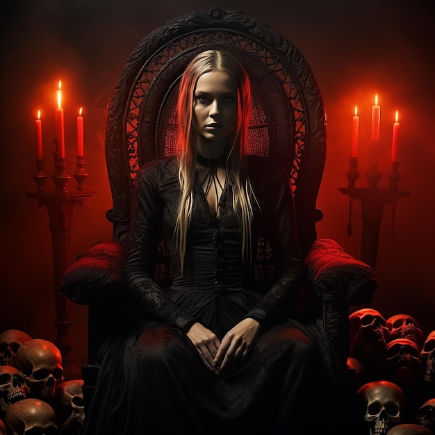 Een meisje zit op een troon met een schedel en botten op de achtergrond.