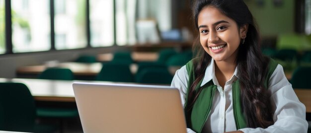 een meisje zit voor een laptop met een groen vest erop