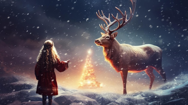 Foto een meisje zwaait naar de kerstman op een rendier tegen de achtergrond van de maan ar 169 v 52 job id 8fc501a2d90e4a3ea1722732e1bcee13