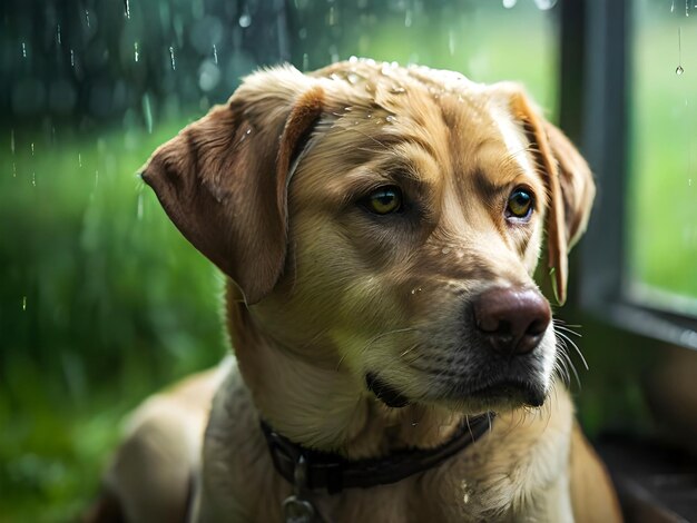 Foto een melancholische labrador retriever die alleen zit bij een regenachtig groen veld