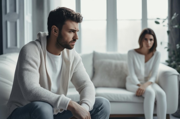 Een melancholische man in een stel zit op een bank en zijn verdrietige partner op de achtergrond, wat duidt op relatieconflicten en een dreigende crisis