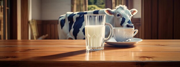 een melkglas op een houten tafel die een koe bij het veld houdt