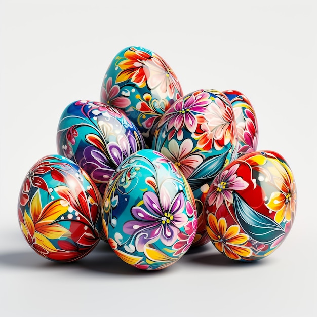 Een mengeling van gekleurde eieren met de traditionele ontwerpen.