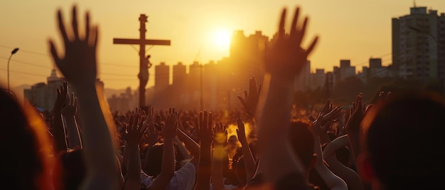 Een menigte aanbidders heft hun handen in geestelijke eenheid tijdens een christelijke aanbiddingsdienst met een kruis in silhouet tegen de zonsondergang