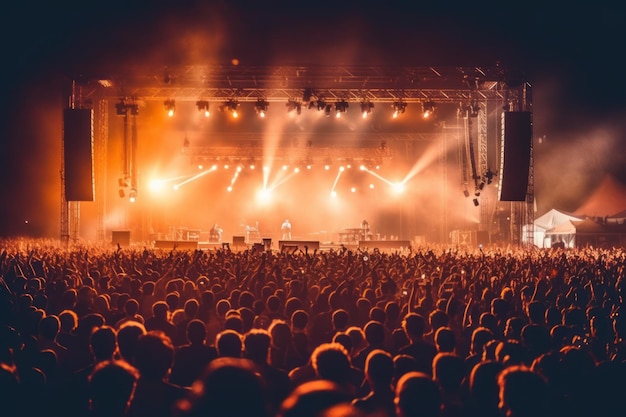 Een menigte bij een concert met een podium verlicht met lichten.