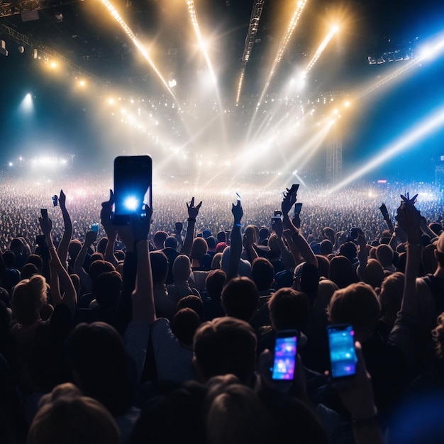 Een menigte bij een concert of feest met handen en smartphones omhoog