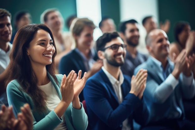 Een menigte individuen die klappen en applaudisseren om hun bewondering en steun te uiten. Groep mensen die samen applaudisseren tijdens een zakelijke bijeenkomst. AI gegenereerd