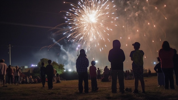 Een menigte kijkt naar vuurwerk in het donker