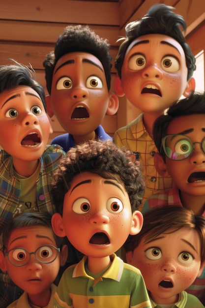 Een menigte kinderen met angstige uitdrukkingen op hun gezichten 3d-illustratie