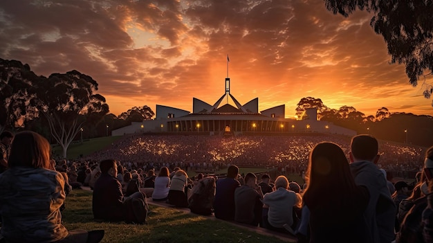 een menigte mensen die in een park zitten en naar een zonsondergang kijken.