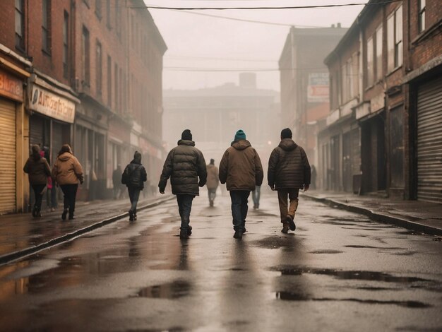 Een menigte mensen die op een mistige winterdag lopen.