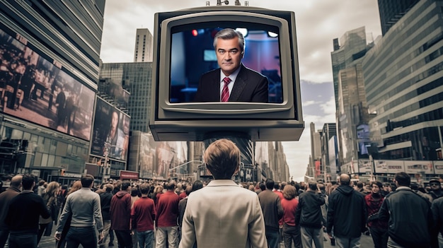 Een menigte mensen in een stadsstraat kijkt naar een groot televisiescherm dat propagandanieuws uitzendt. Het nieuws is vals en misleidend en wordt gebruikt om de bevolking te manipuleren