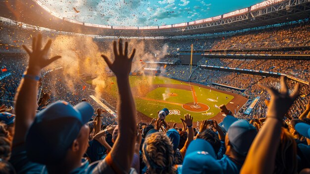 een menigte mensen juicht in een stadion met de woorden stadion op de muur