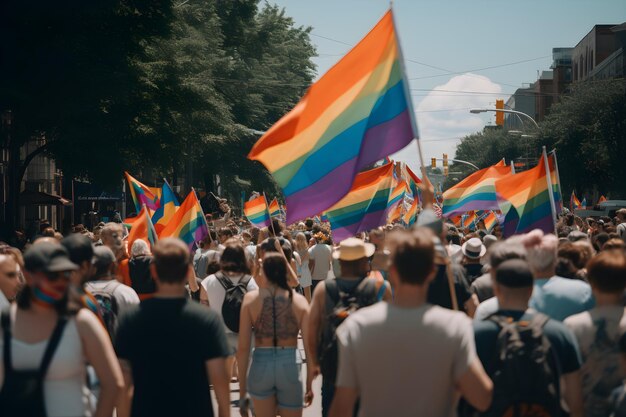 Een menigte mensen marcheert in gay pride-parade met regenboogvlaggen