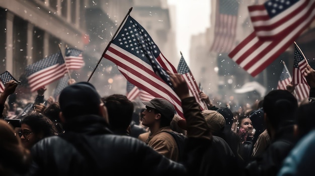 Foto een menigte mensen met amerikaanse vlaggen in een menigte