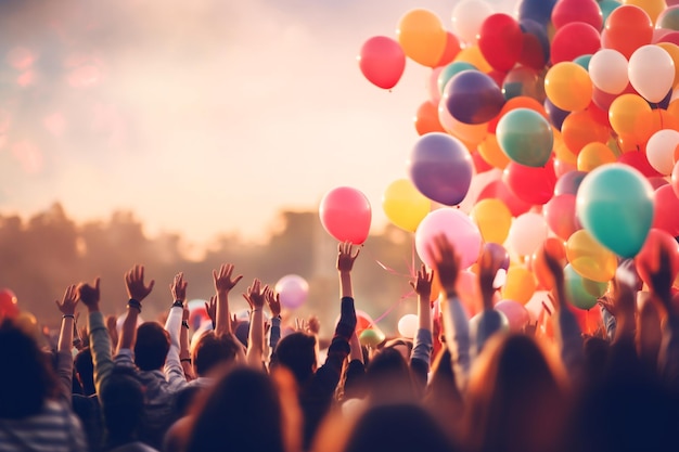 Een menigte mensen met ballonnen in de lucht