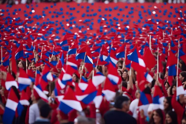 Foto een menigte mensen met vlaggen op de voorgrond en een rode en blauwe vlag op de achtergrond.