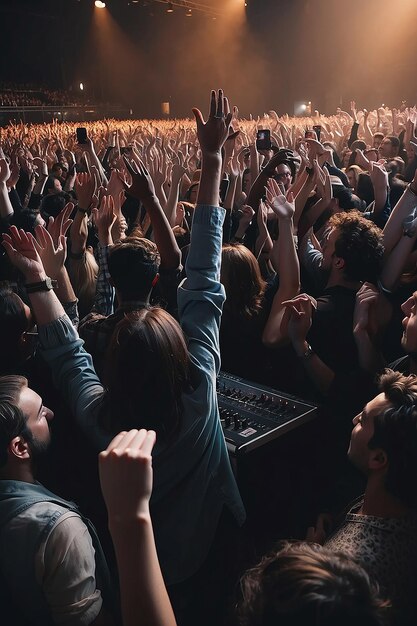 Een menigte mensen op een concert met hun handen in de lucht