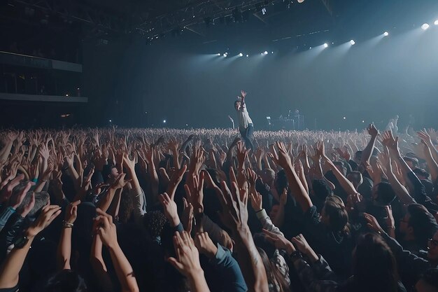 Een menigte mensen op een concert met hun handen in de lucht