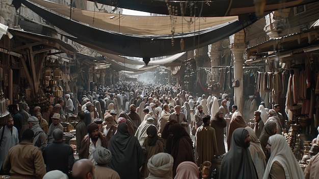 een menigte mensen op een markt in het Midden-Oosten