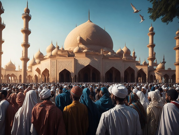 Een menigte mensen staat voor een moskee met de woorden 'al adha' op de voorkant