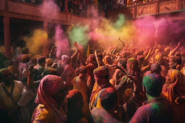 Een menigte mensen viert holi in een gebouw