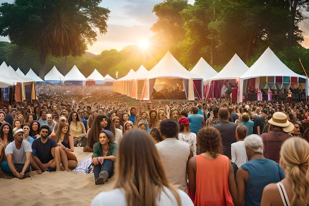 Een menigte mensen zit op het zand op een festival.