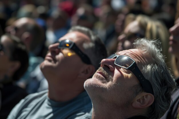 Een menigte met een zonnebril staart naar de lucht tijdens een entertainmentevenement