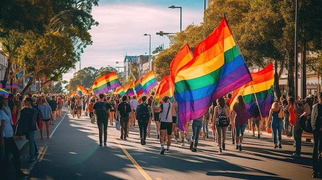 Een menigte met LGBT-regenboogvlaggen