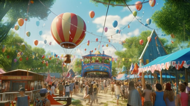 Een menigte op de kermis wordt omringd door een grote ballon