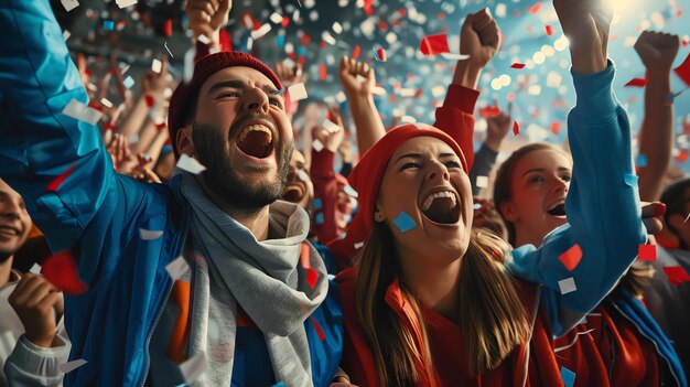 Een menigte opgewonden fans die juichen en vieren in een sportstadion. Ze dragen allemaal de teamkleuren en zwaaien met vlaggen.