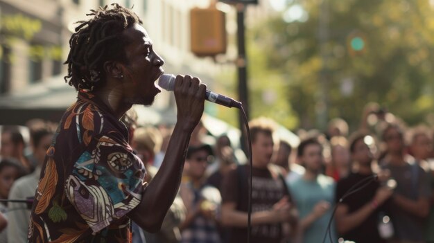 Een menigte verzamelt zich in afwachting als een man met een microfoon en een beatbox begint met freestyle rap