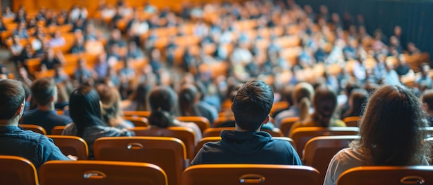 Een menigte vult een conferentiezaal die in een lezing of seminarie is verdiept