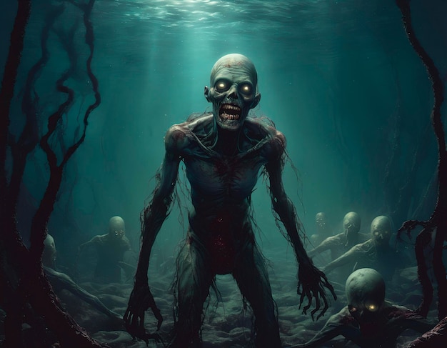 Een menigte zombies onder water in de zee.