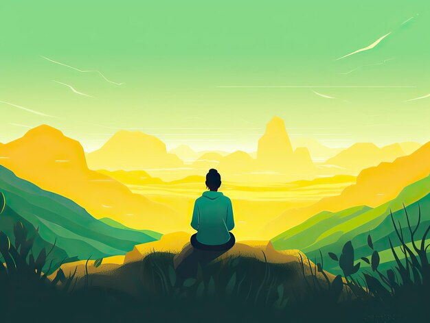 Een mens die in yoga voor bergmening mediteert bij digitale de kunstillustratie van het zonsopganglandschap