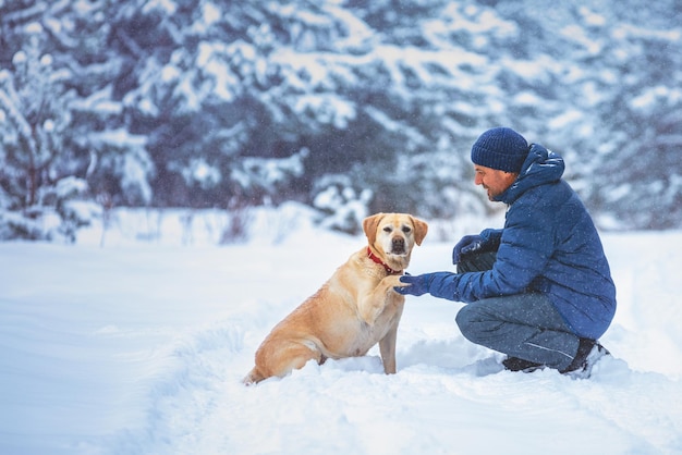 Een mens en een hond zijn beste vrienden De man met de hond zit in de winter in een besneeuwd veld Getrainde labrador retriever strekt de poot uit naar de man UniqueSSelf