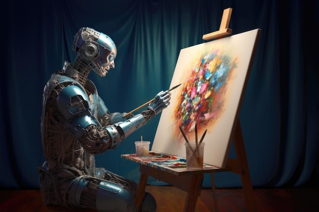 Een mensachtige robot die schildert omringd door de studio van een kunstenaar Concept van computergegenereerde kunst Realistische generatieve AI-illustratie
