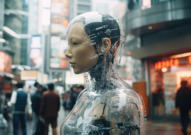 Een mensachtige robot met een doorschijnend hoofd dat een geavanceerd AI-brein onthult dat midden in een drukte staat