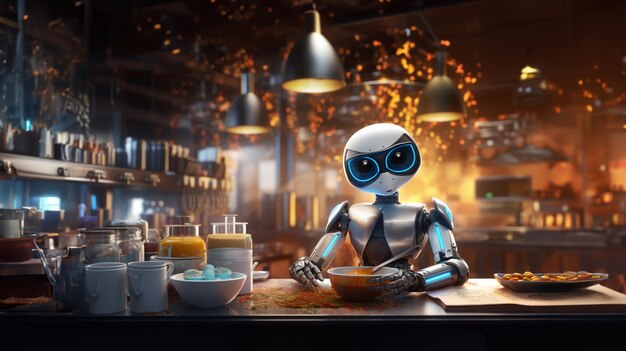 Een mensachtige robotchef kookt gerechten in de keuken van een restaurant. Menselijke arbeid wordt vervangen door robotica