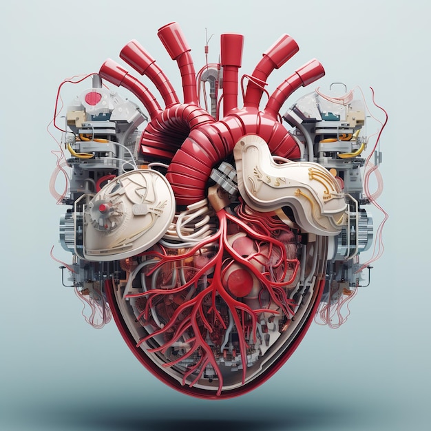Een menselijk hart gemaakt van elektronische machines op een schone achtergrond illustratie Generatieve AI