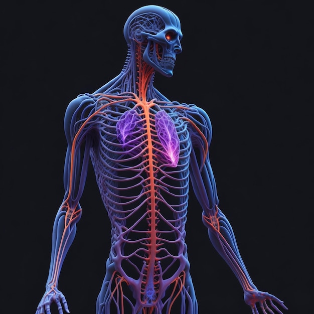 Een menselijk lichaam met de aderen gelabeld als een diagram van het hart en de bloedsomloop.