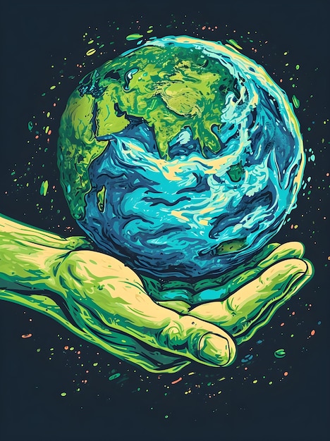 Foto een menselijke aardse hand die een bol vasthoudt op een donkere groene planeet