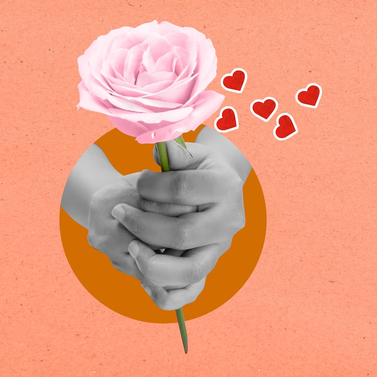 Foto een menselijke hand die een roze rozenbloem vasthoudt met rode harten op een gekleurde achtergrond concept van valentijnsdag collage kunst