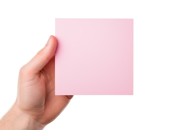 Een menselijke hand met een blanco vel roze papier of kaart geïsoleerd op een witte achtergrond