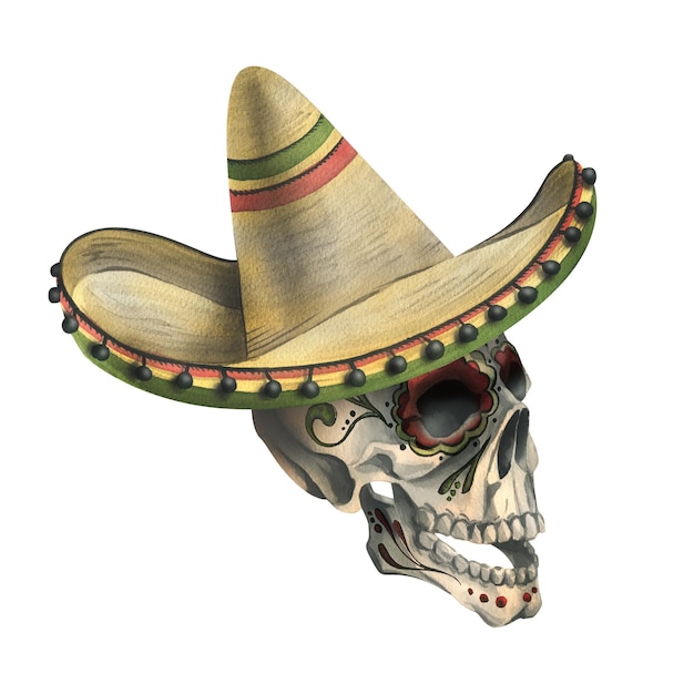 Een menselijke schedel met een ornament in een sombrerohoed Hand getekend aquarel illustratie voor de dag van de dode halloween Dia de los muertos Geïsoleerd object op een witte achtergrond