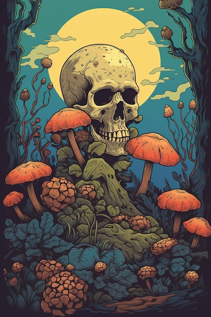 een menselijke schedel op een berg paddenstoelen